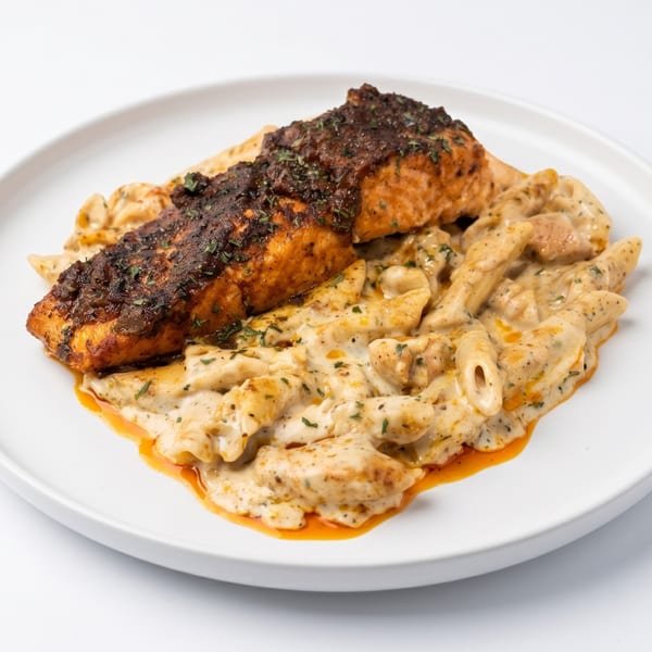 Blackened salmon fillet over creamy penne pasta, garnished with herbs, on a white plate.
