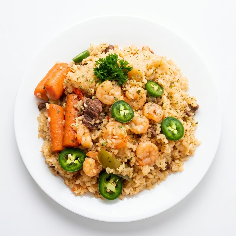 A white plate holds a serving of shrimp and beef fried rice with carrots and jalapeños.