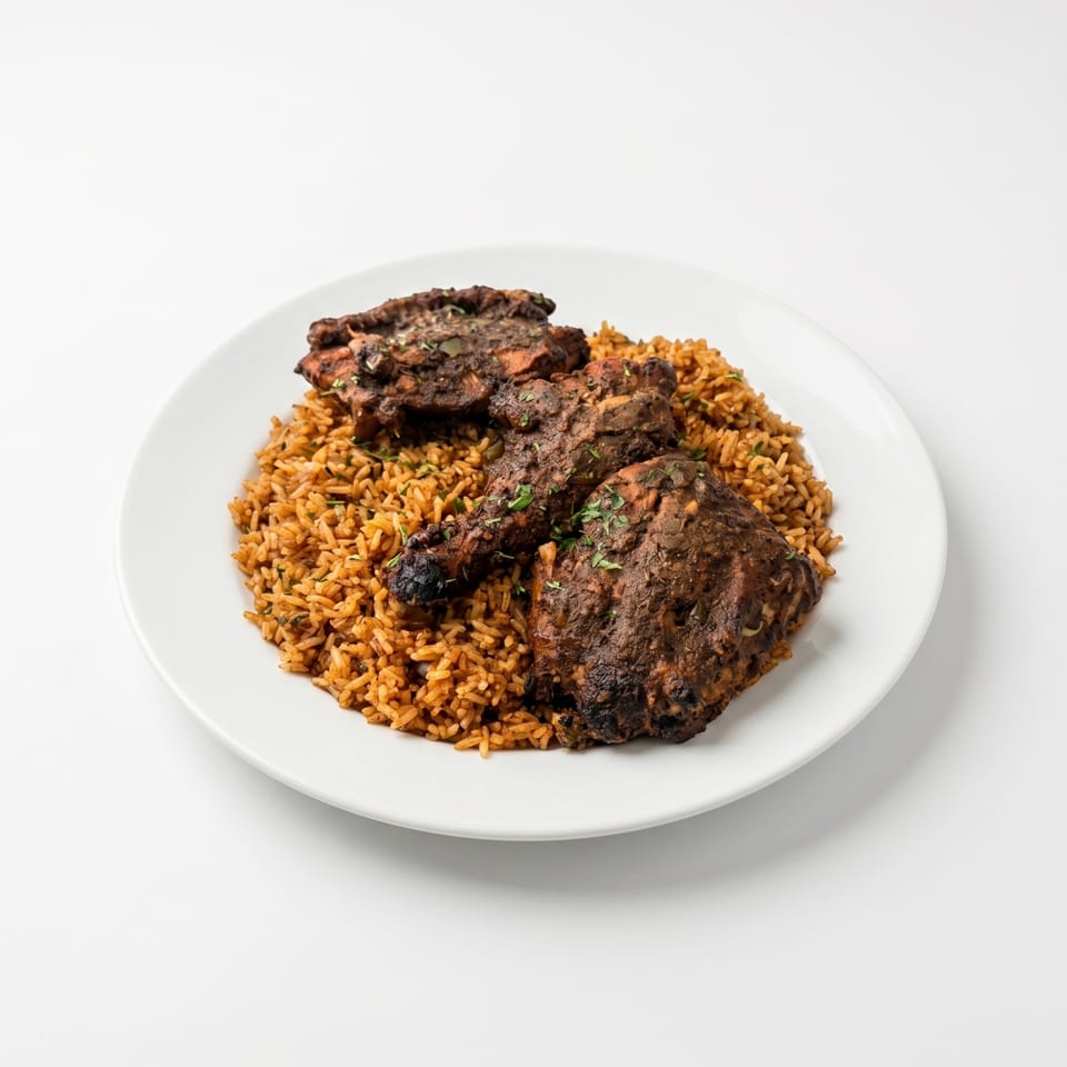 Dark, richly spiced chicken pieces served over a bed of golden-brown rice on a white plate.