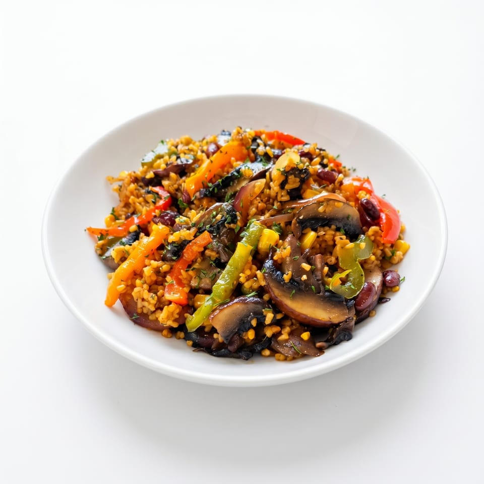 A white bowl filled with a colorful mushroom and vegetable stir-fry with rice.