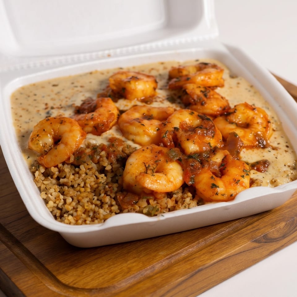 Shrimp and grits with rice in a white takeout container on a wooden board.