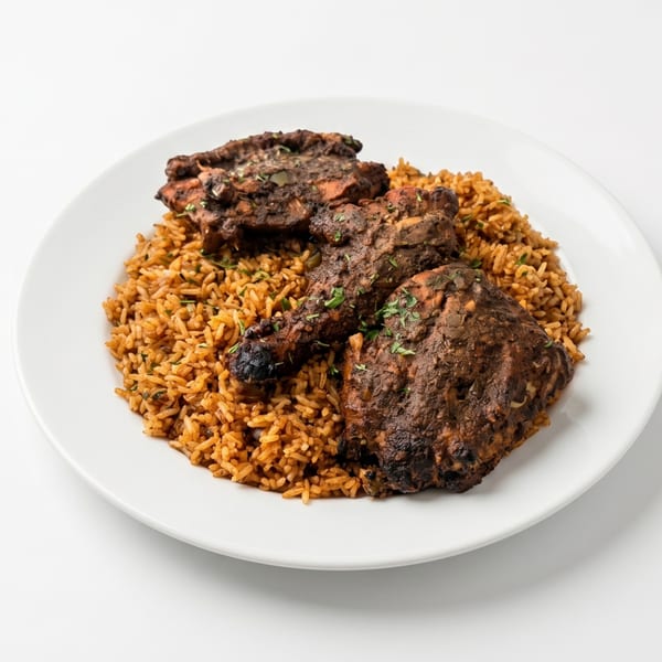A white plate holds dark, richly seasoned chicken pieces atop a bed of reddish-brown rice.
