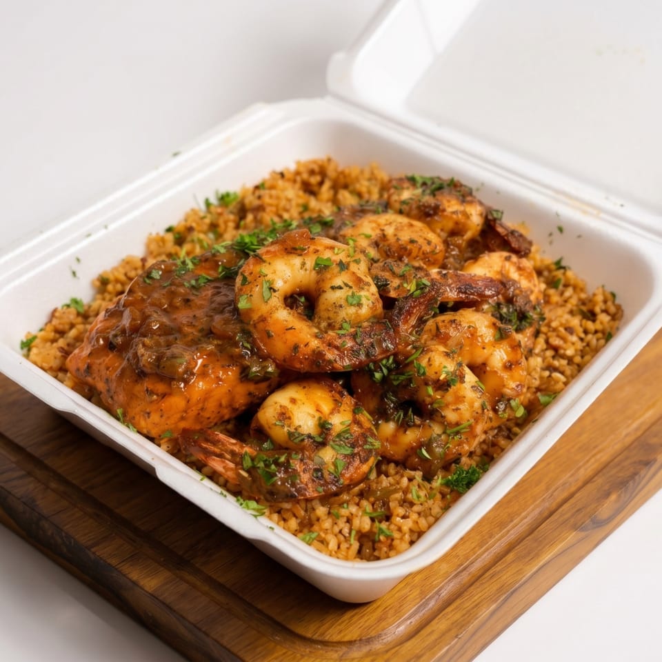 Shrimp and rice with sauce and parsley in a white takeout container on a wooden board.