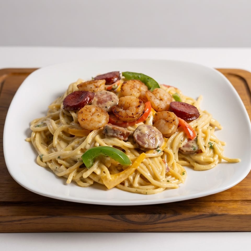 Creamy pasta with shrimp, sausage, and colorful bell peppers on a white plate.