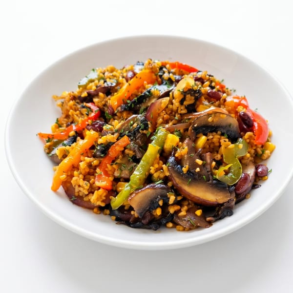 A white bowl filled with a colorful rice dish, featuring mushrooms, bell peppers, and beans.