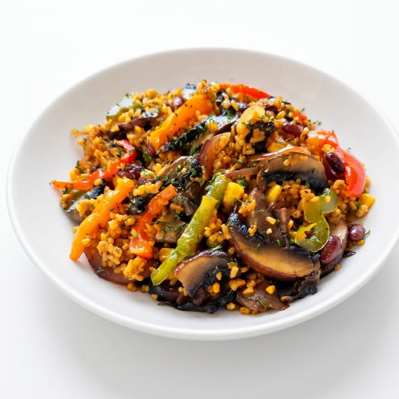 A white bowl filled with a colorful rice dish, featuring mushrooms, bell peppers, and beans.